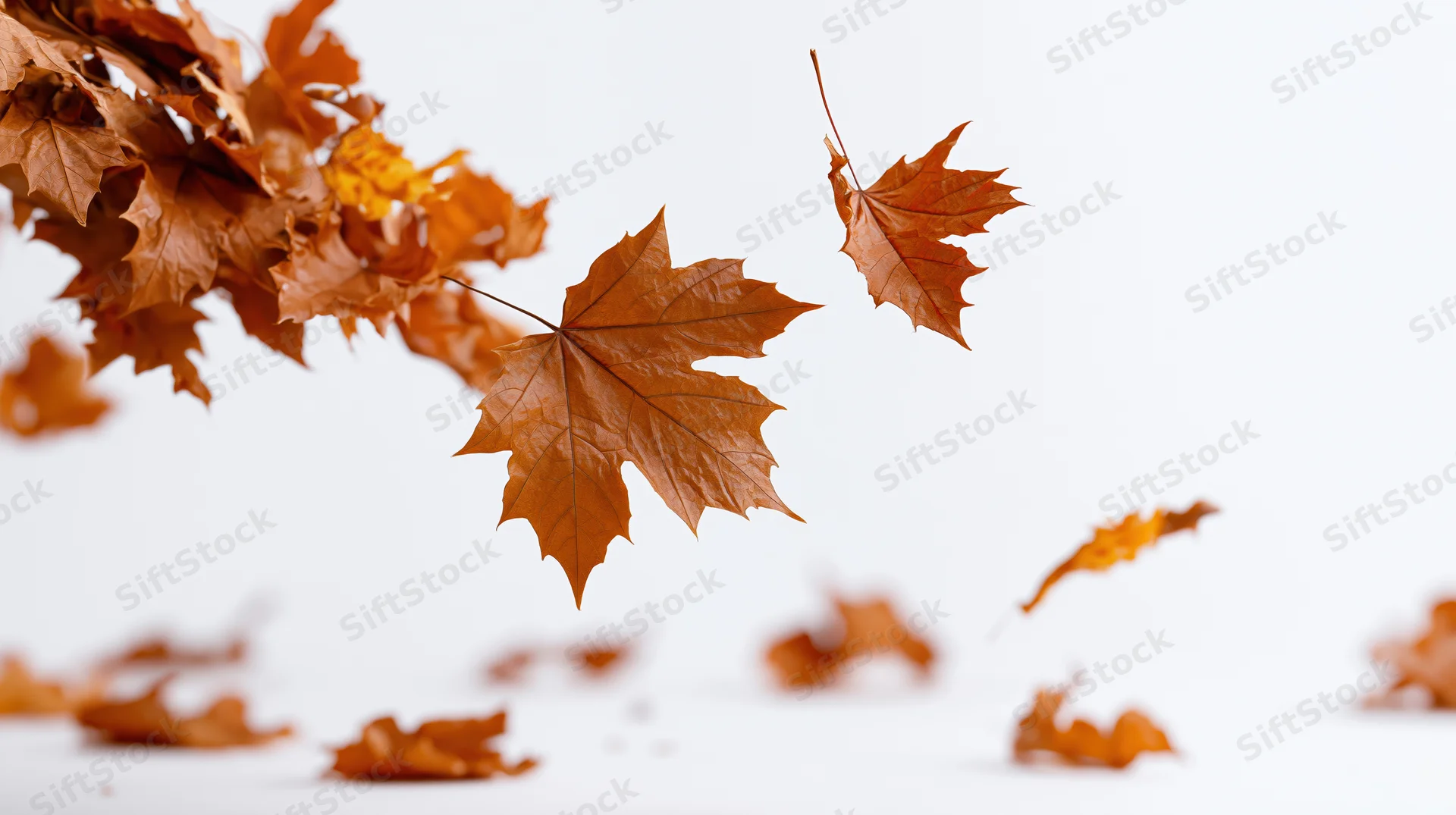 Dried maple leaves falling mid-air against white background with copyspace