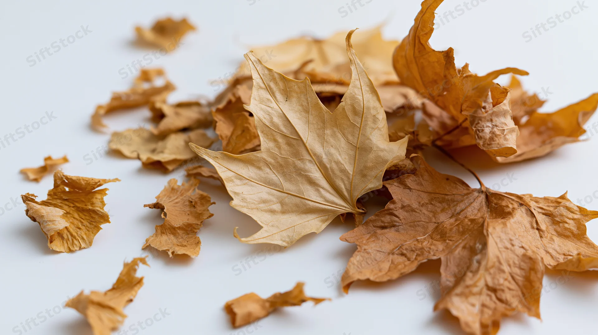 Dried maple leaves scattered on a white surface