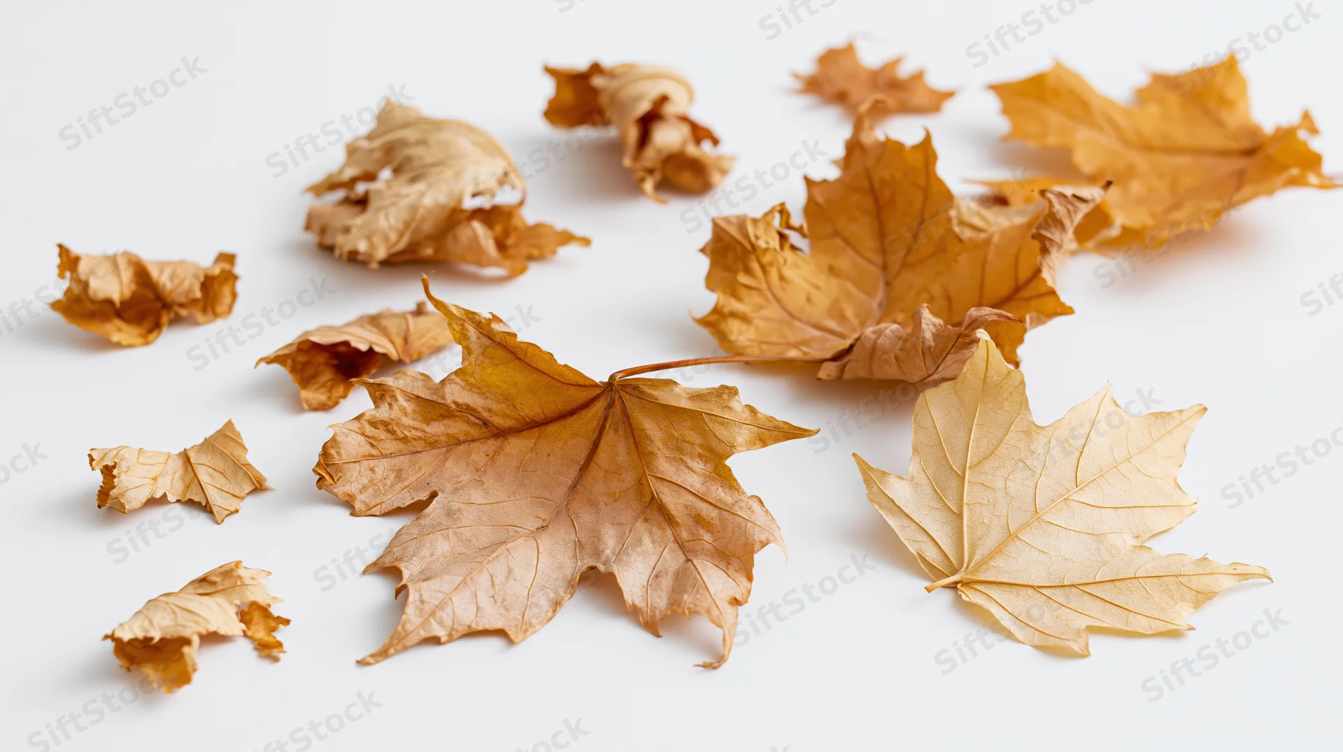 Dried maple leaves scattered on a white surface