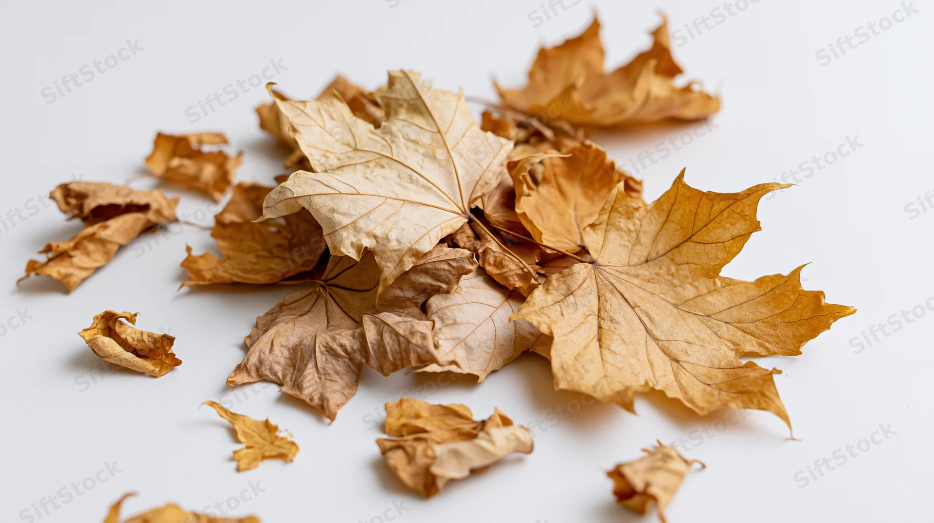 Dried maple leaves scattered on a white surface