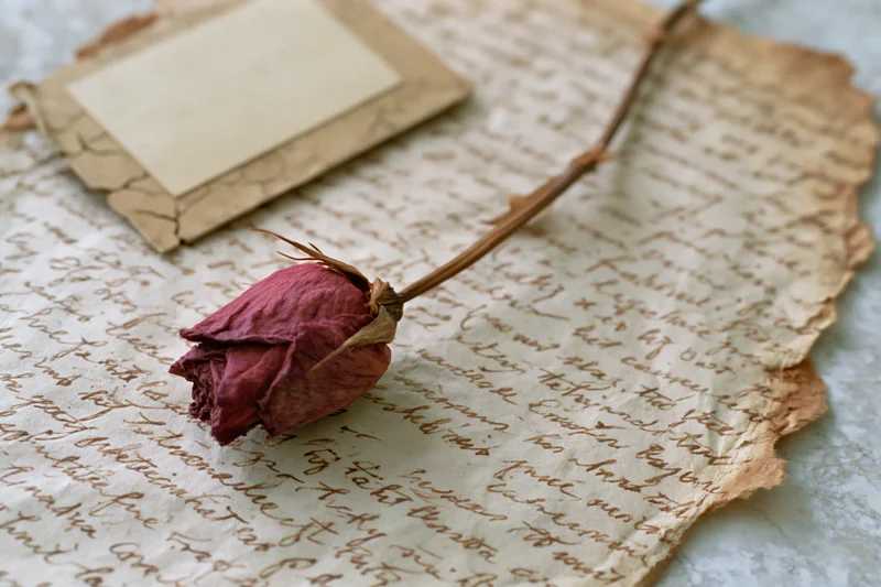 Dried red rosebud with long stem resting diagonally across aged handwritten letter on textured surface