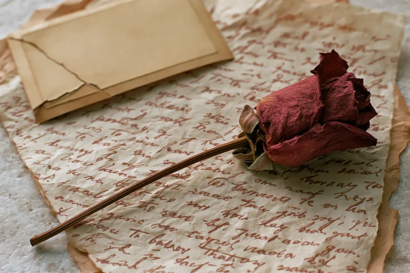 Dried red rosebud with long stem resting diagonally across handwritten vintage letter and envelope