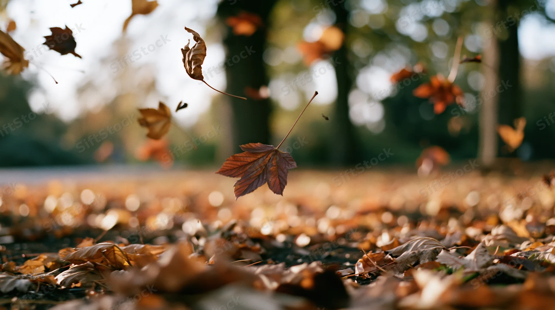Dry autumn leaves falling in a park scattered across the ground with sunlight filtering through trees