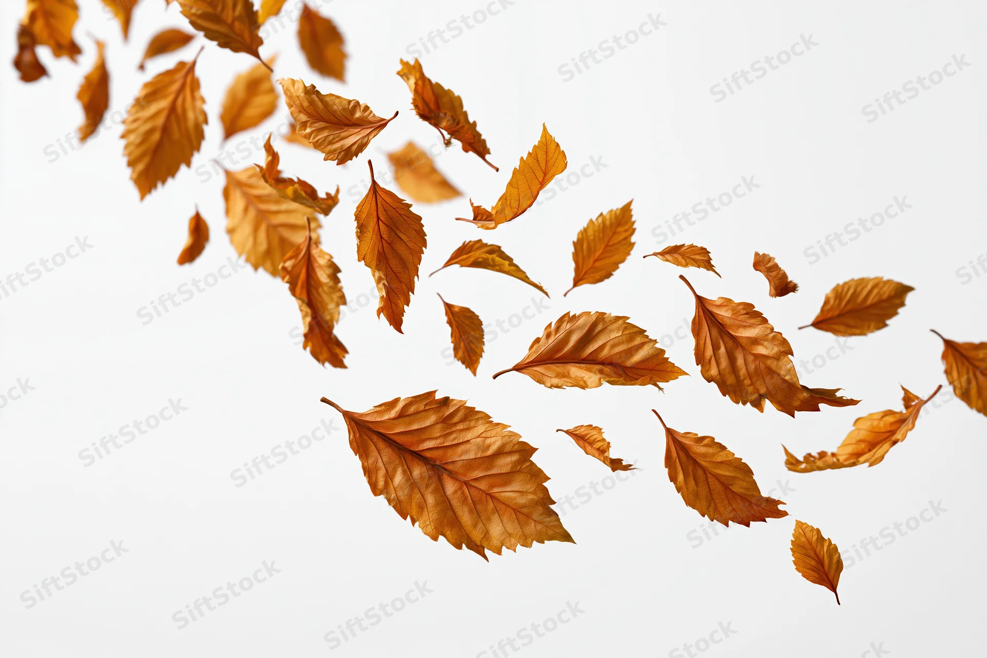 Dry autumn leaves falling mid-air against a white background