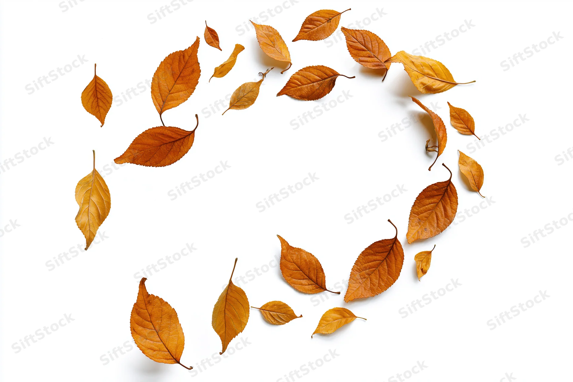 Dry autumn leaves arranged in a circle on white background with copyspace