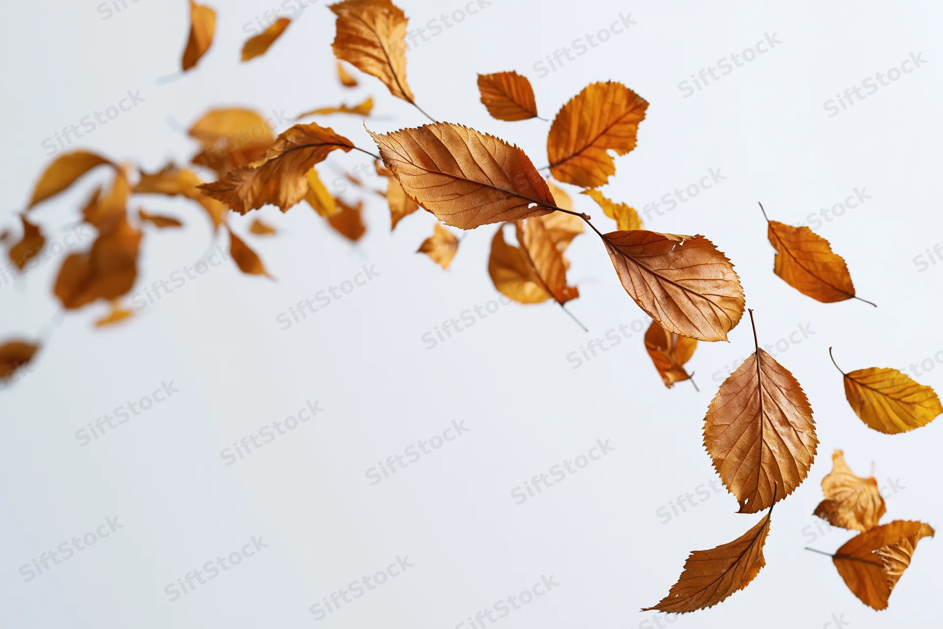 Dry autumn leaves falling mid-air against a white background with copyspace