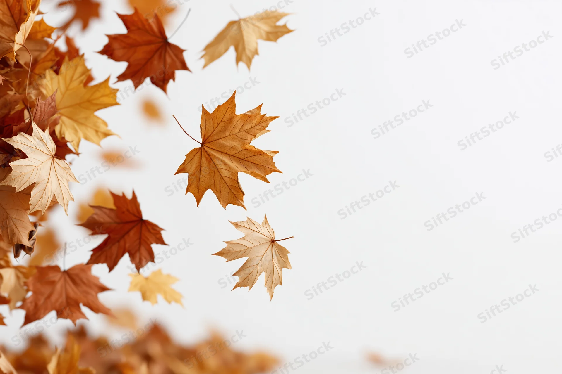 Dry maple leaves swirling upward from a pile against a white background with copyspace