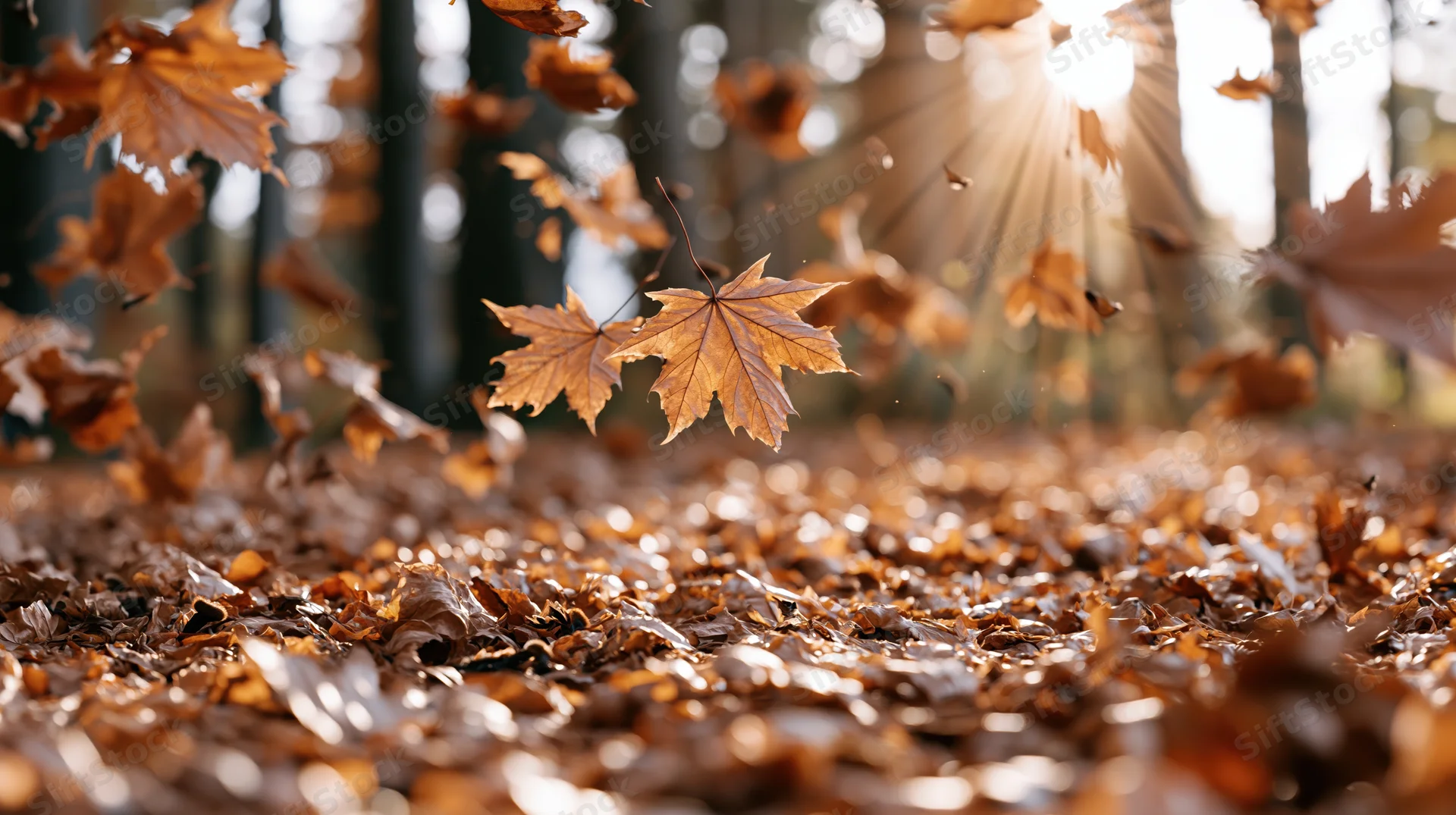 Dry maple leaves falling through sunlight in a forest, swirling above a thick carpet of fallen foliage