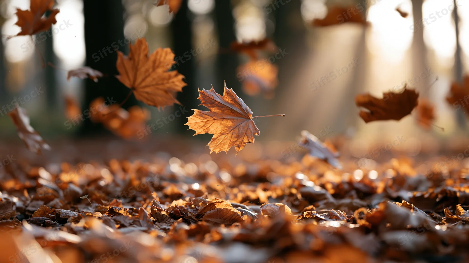 Maple leaves falling in a forest during autumn, swirling above a thick carpet of dried foliage on the ground
