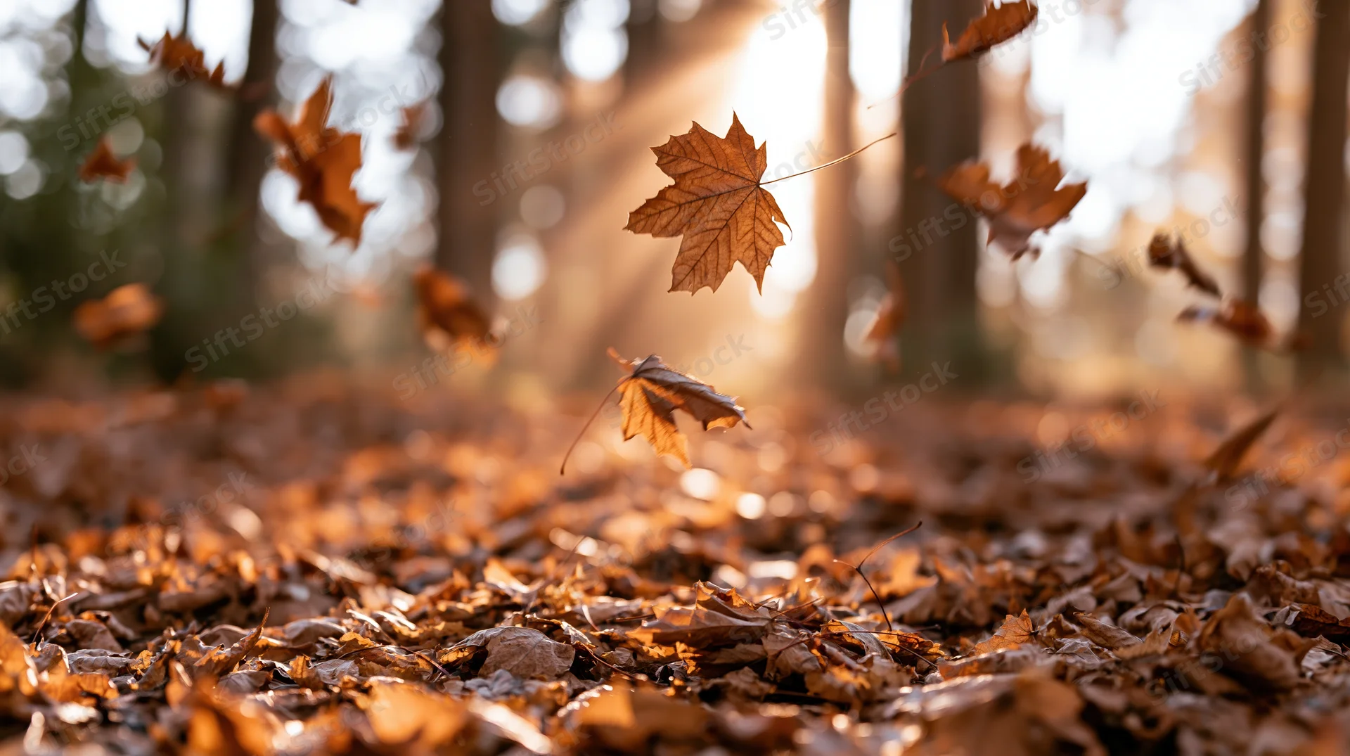 Dry maple leaves falling through sunlight in a forest, swirling above a thick carpet of fallen foliage