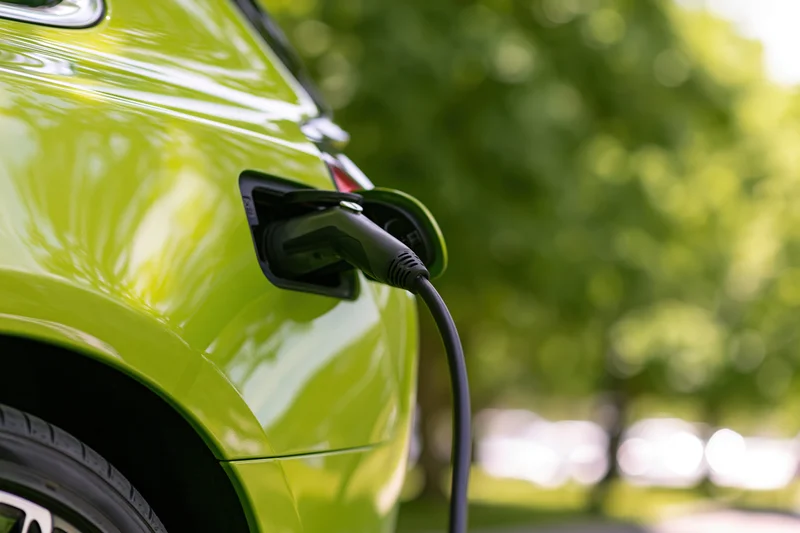 Lime-green electric vehicle charging with plug inserted into port outdoors near trees