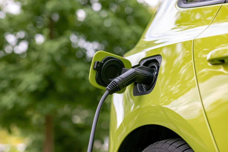 Lime-green electric vehicle charging with plug inserted into port outdoors near trees