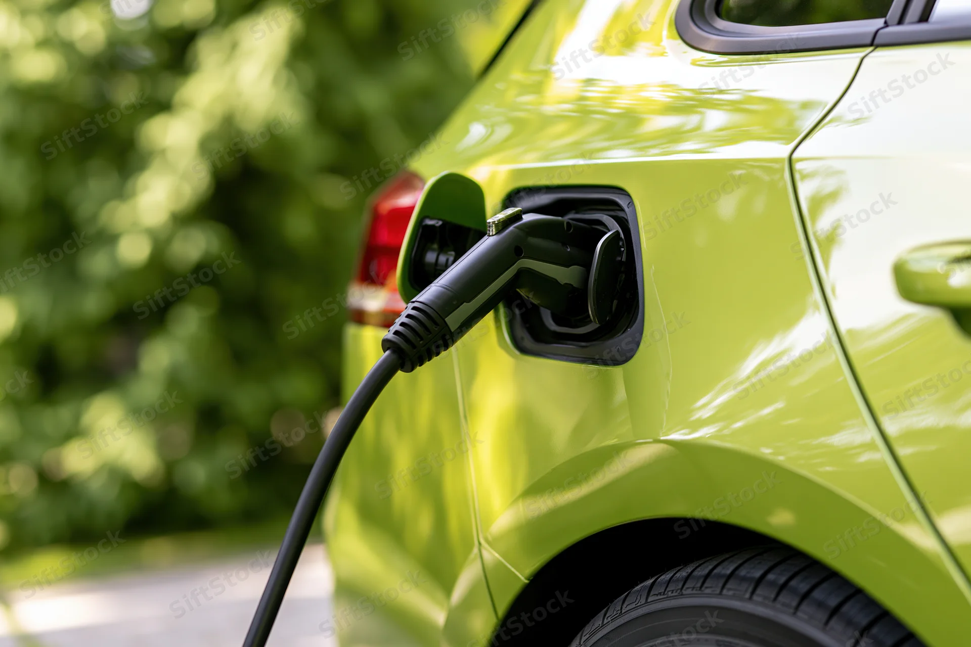 Lime-green electric vehicle charging with plug inserted into port outdoors
