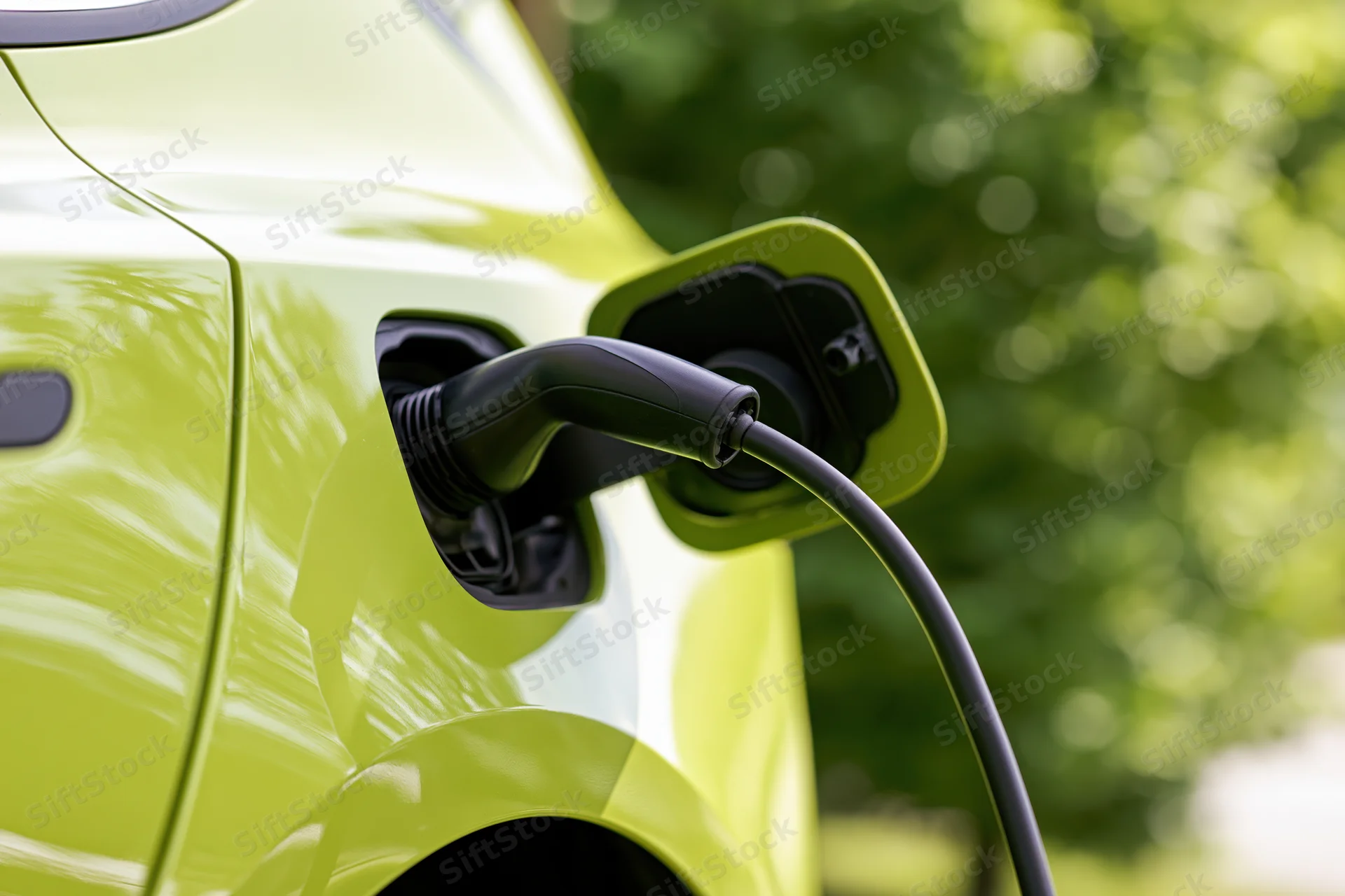 Lime-green electric vehicle charging with plug inserted into port outdoors near trees