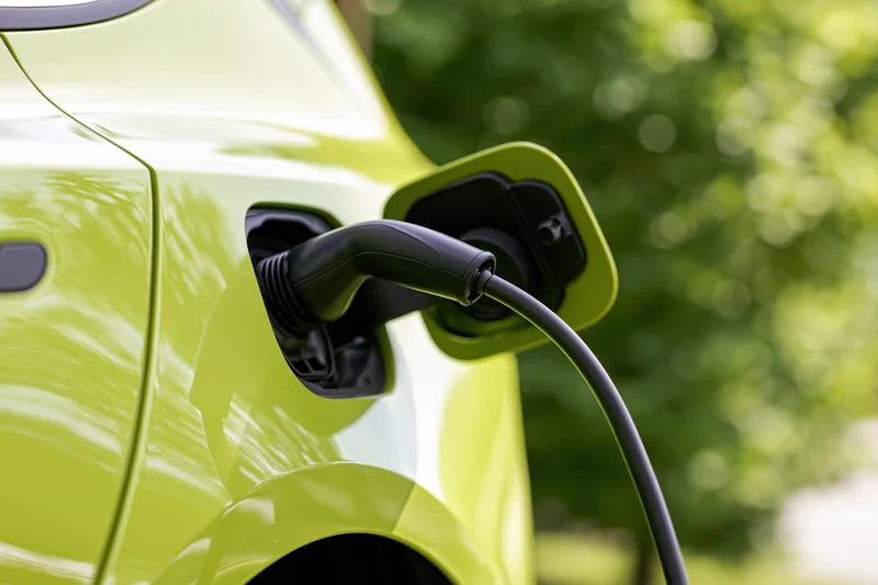Lime-green electric vehicle charging with plug inserted into port outdoors near trees