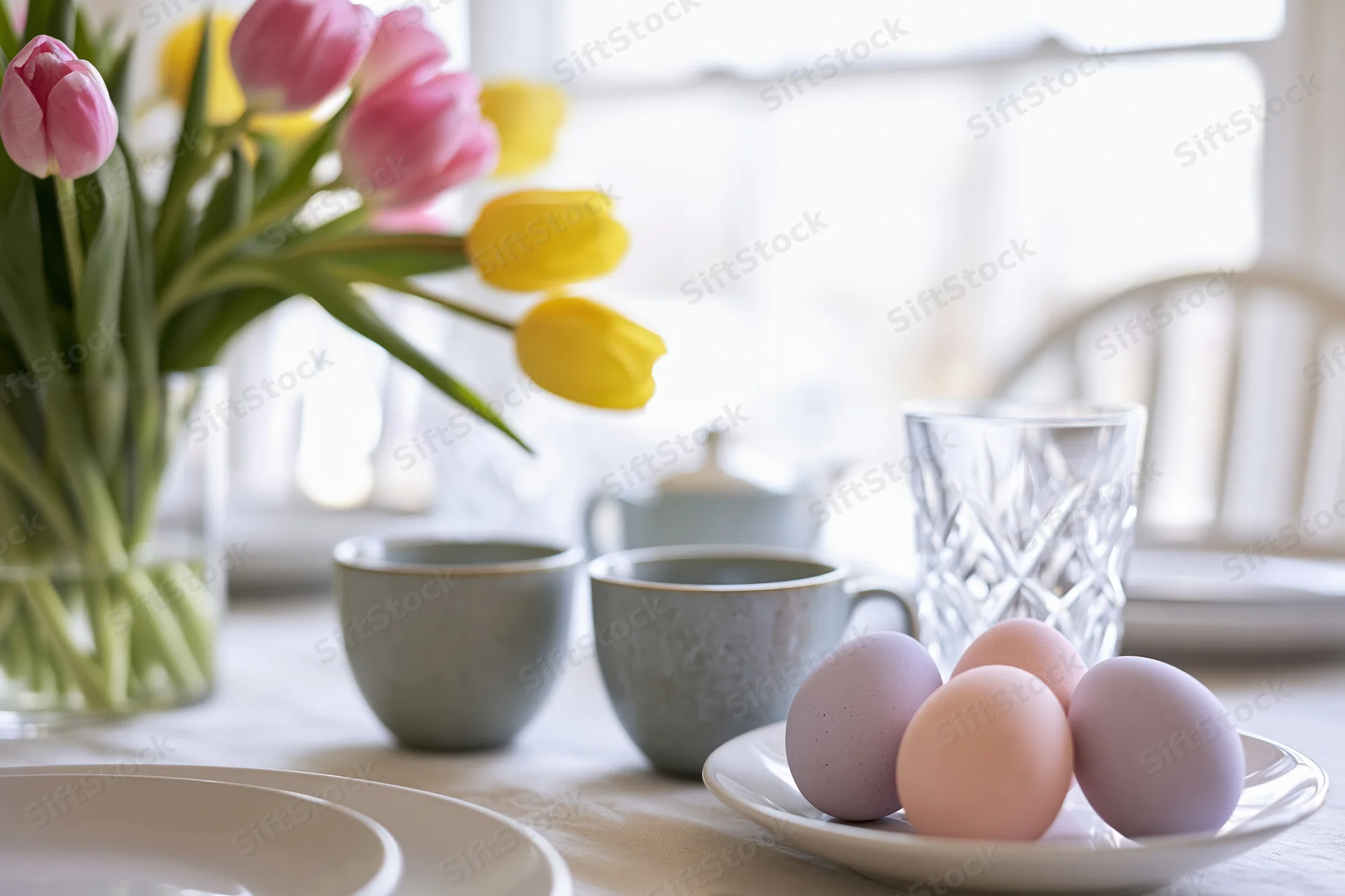 Easter brunch table with pastel dyed eggs and tulips in vase on dining table