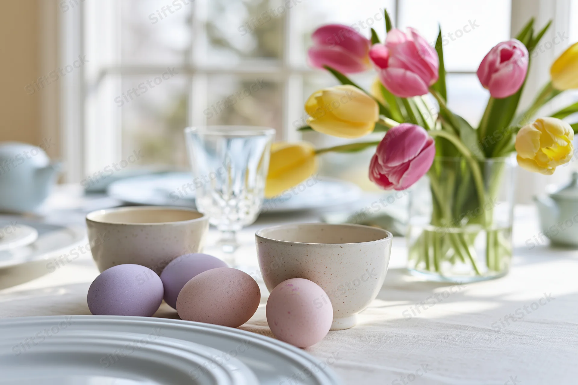 Easter brunch table set with pastel-dyed eggs and ceramic cups near a window with tulips in a vase
