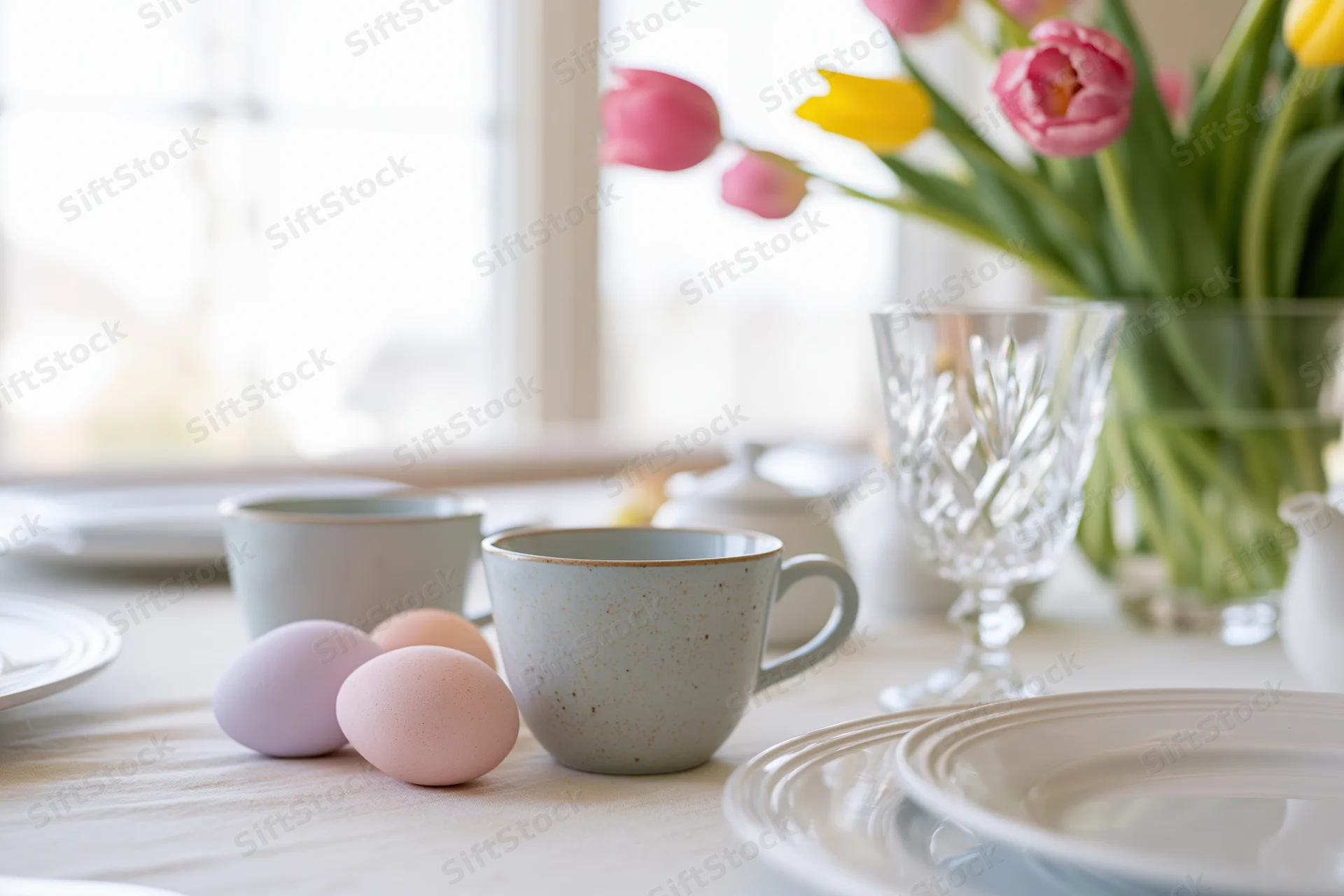 Easter brunch table set with pastel eggs and ceramic cups near a window with tulips in a vase