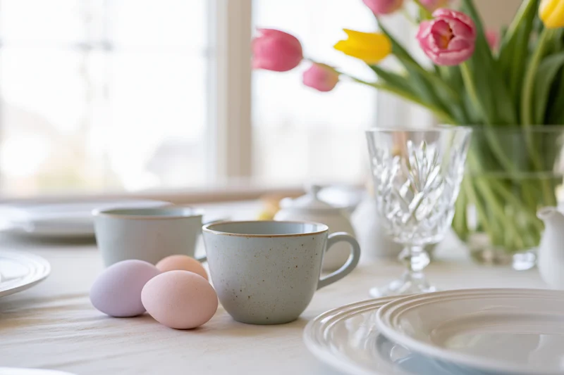 Easter brunch table set with pastel eggs and ceramic cups near a window with tulips in a vase