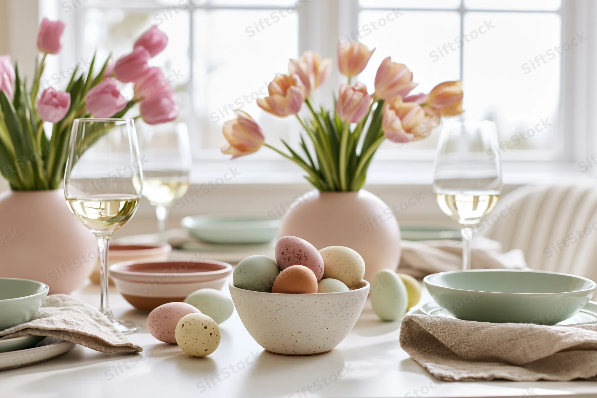 Easter dining table set with pastel eggs in ceramic bowl and tulips in vases