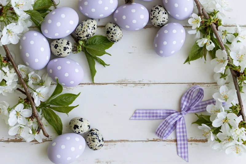 Easter eggs with polka dots and cherry blossoms arranged on a white wooden surface with a ribbon bow and copyspace