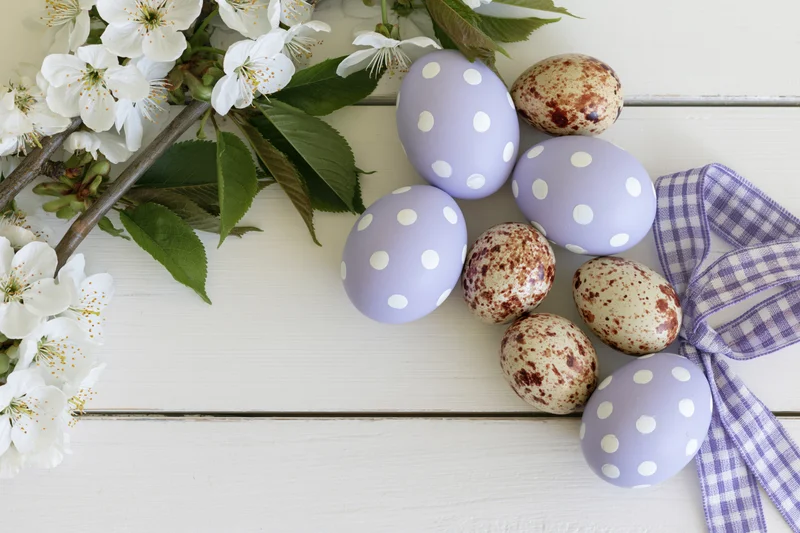 Easter eggs with polka dots and speckled patterns arranged with cherry blossoms and a checkered ribbon on a white wooden surface