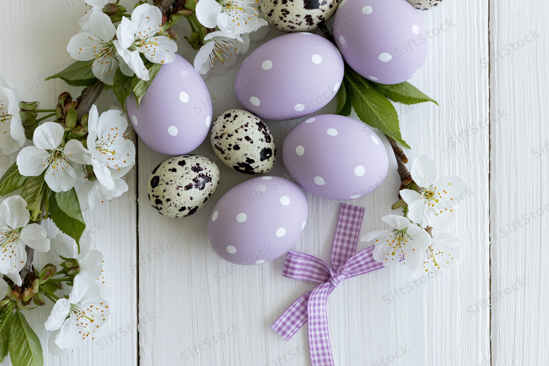 Lavender polka-dotted easter eggs and white blossoms arranged on a white wooden surface with a checkered ribbon