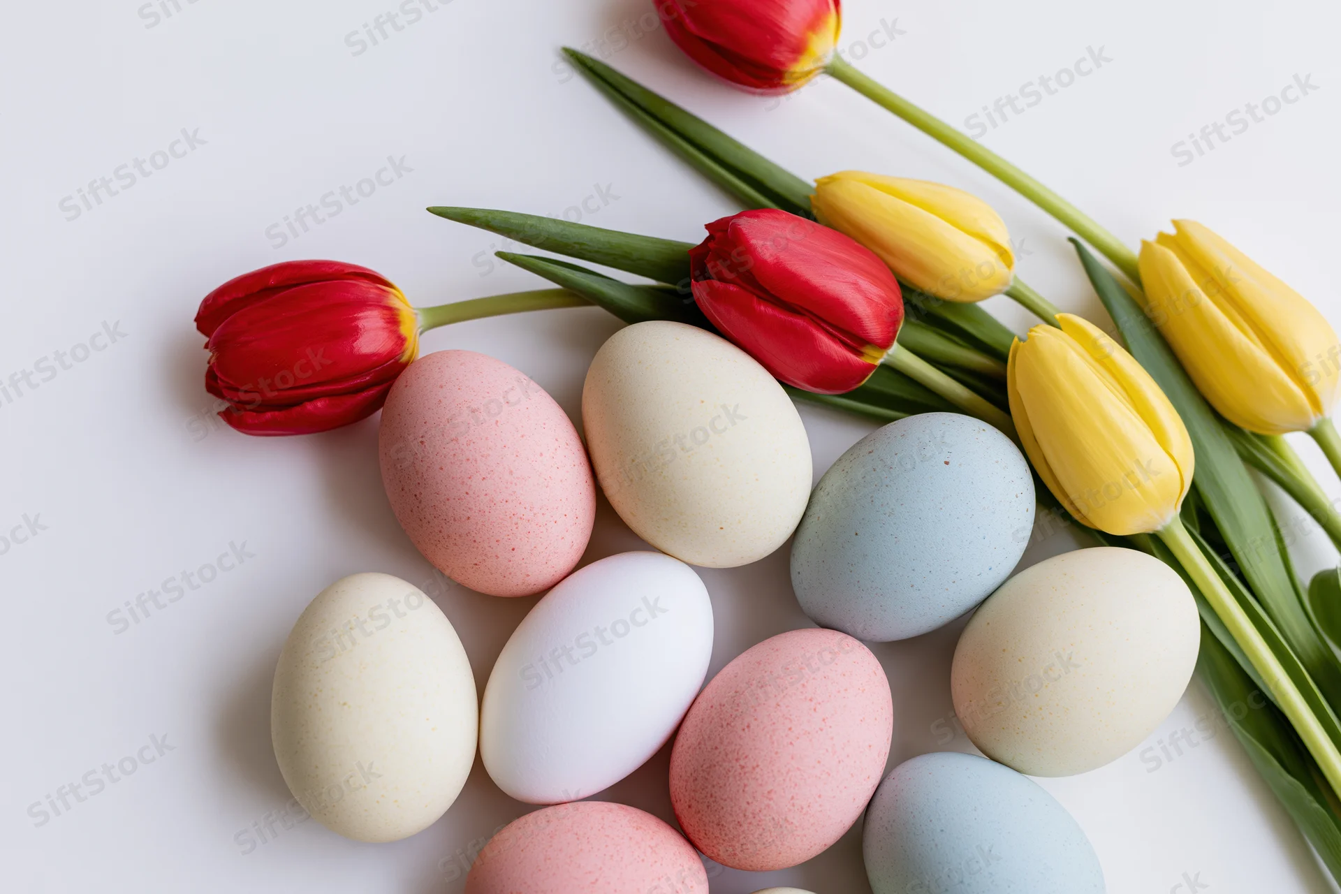 Pastel easter eggs and red and yellow tulips arranged on white surface
