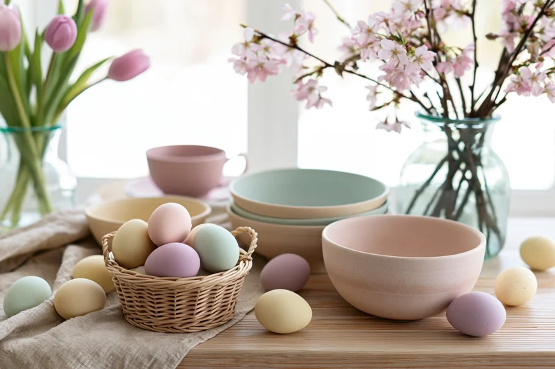 Easter table setting with pastel-dyed eggs in a wicker basket and ceramic bowls surrounded by spring flowers on a wooden surface