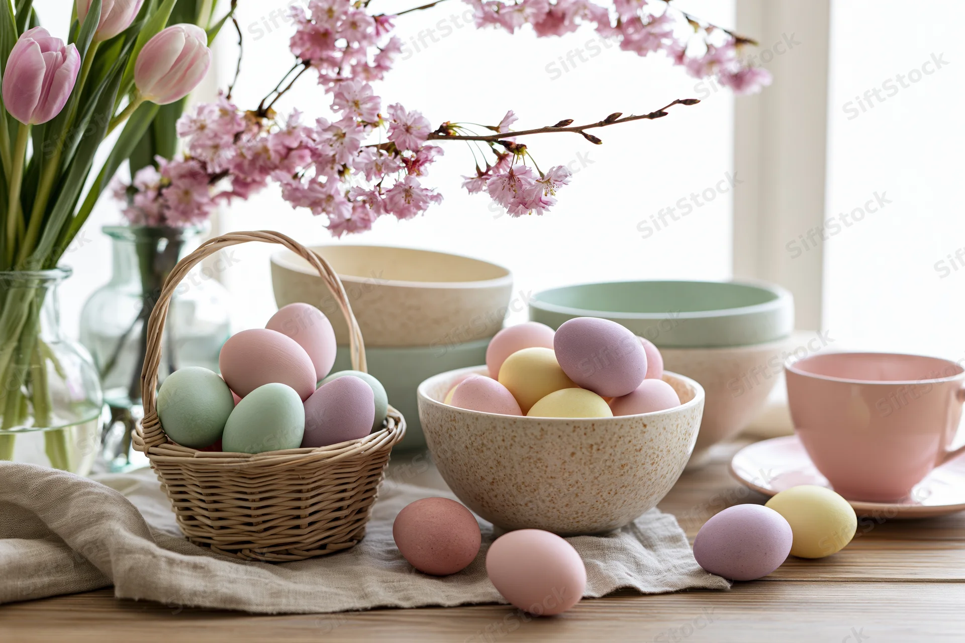 Pastel-dyed eggs in a wicker basket and ceramic bowls on a spring table with tulips and cherry blossoms by a window