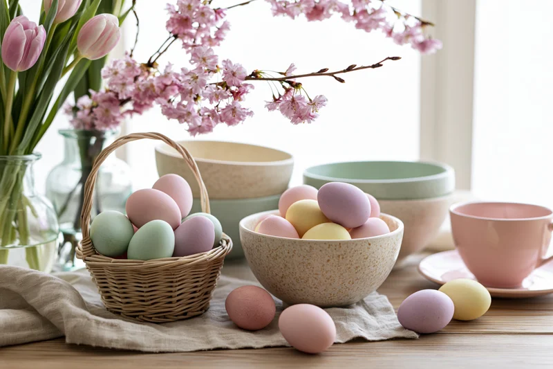 Pastel-dyed eggs in a wicker basket and ceramic bowls on a spring table with tulips and cherry blossoms by a window