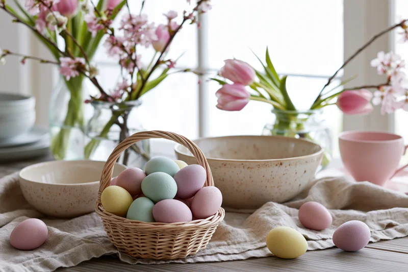 Pastel-dyed eggs in a wicker basket on a spring table with cherry blossoms and tulips
