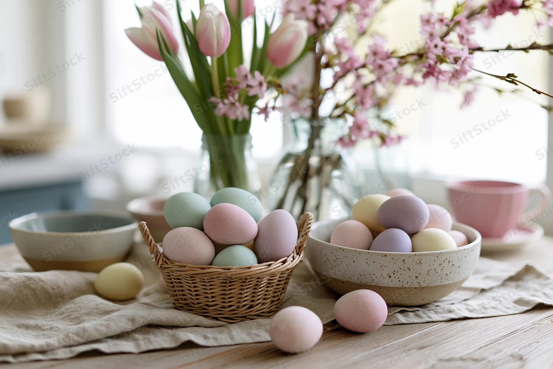 Pastel-dyed eggs in a wicker basket and ceramic bowls on a spring table with pink tulips and blossoms