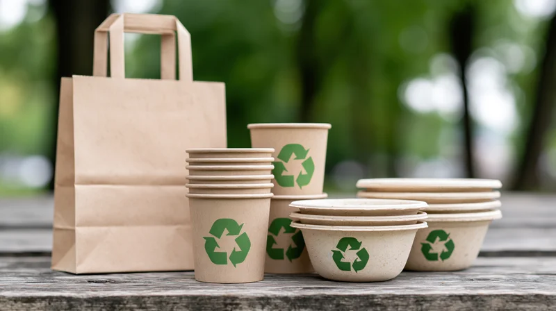 Eco-friendly disposable food packaging arranged on a weathered wooden table outdoors