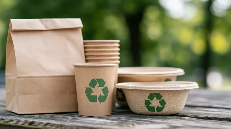 Eco-friendly disposable food packaging arranged on a weathered wooden table outdoors