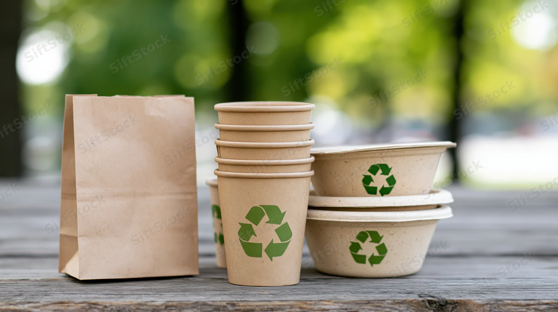 Eco-friendly disposable food packaging arranged on a weathered wooden table outdoors
