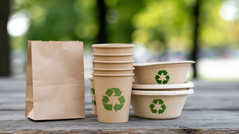 Eco-friendly disposable food packaging arranged on a weathered wooden table outdoors