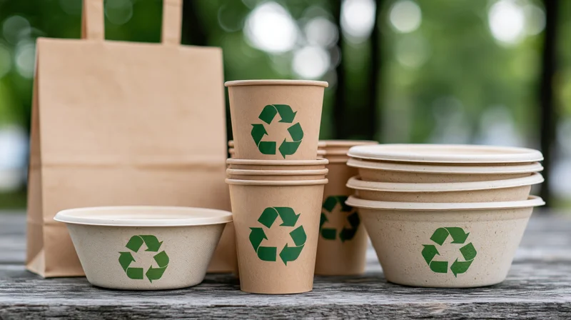 Eco-friendly disposable food packaging arranged on a weathered wooden table outdoors