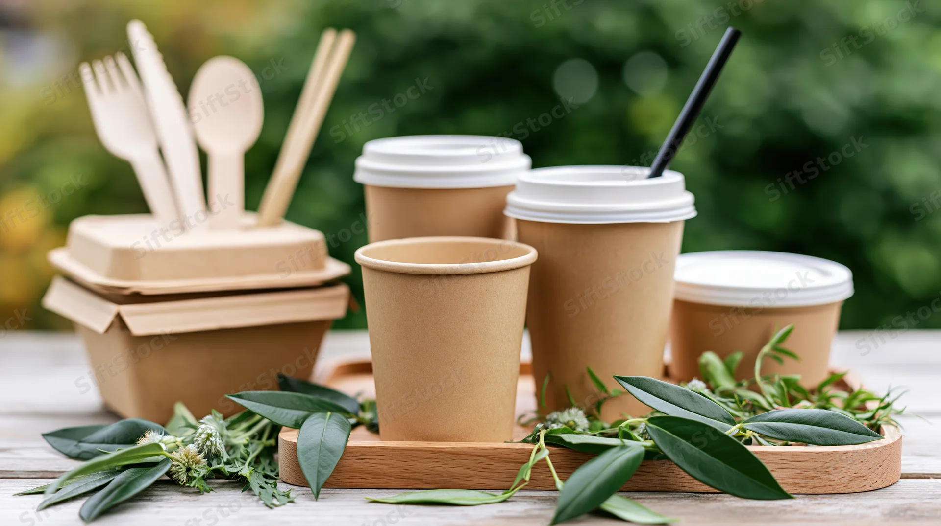 Eco-friendly paper cups and food containers arranged on a wooden tray with green leaves on a table outdoors