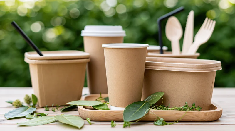 Eco-friendly disposable kraft paper cups and food containers arranged on a wooden tray with green leaves on a table outdoors