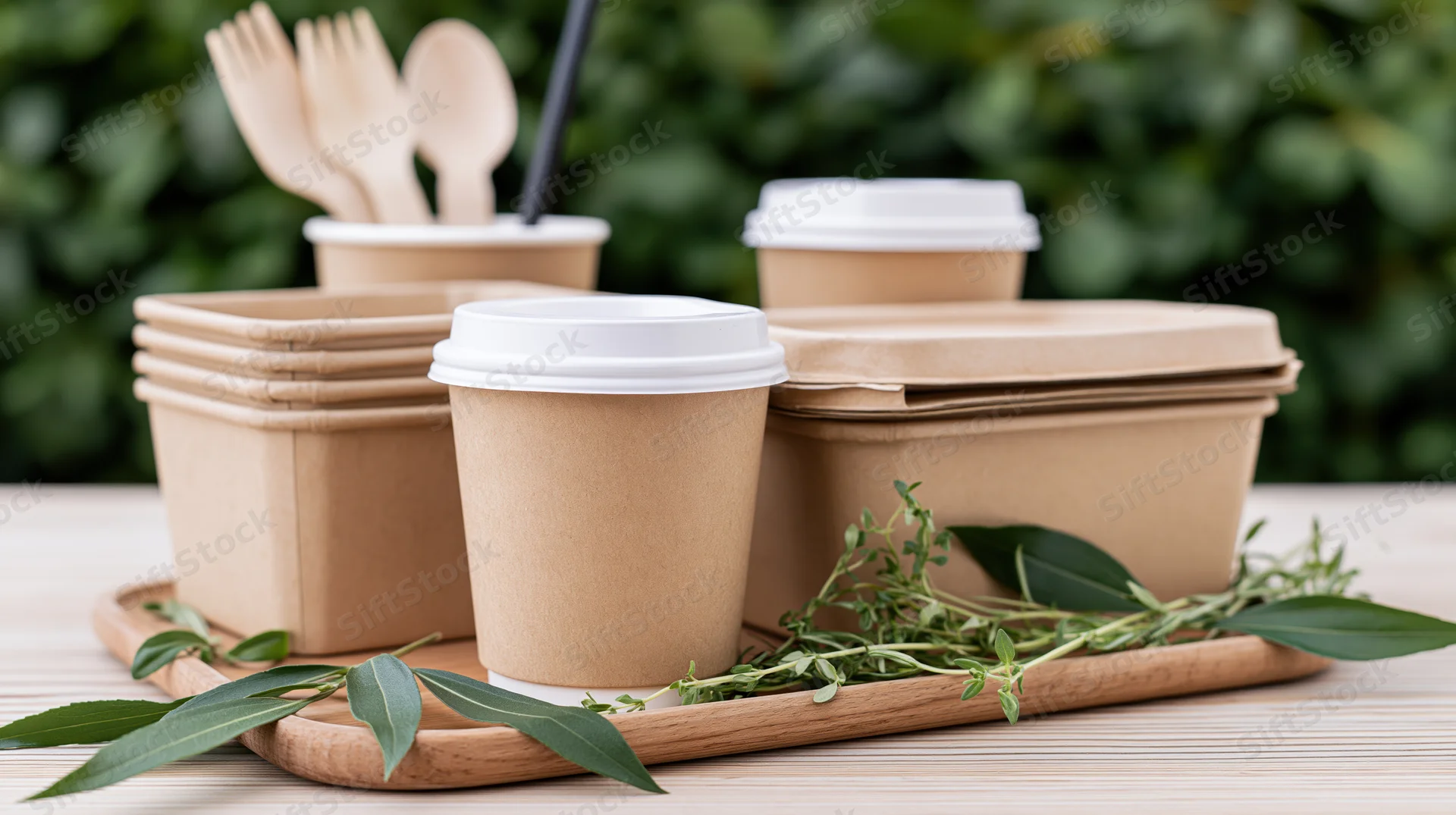 Eco-friendly disposable kraft paper cups and food containers arranged on a wooden tray with green leaves on a table outdoors