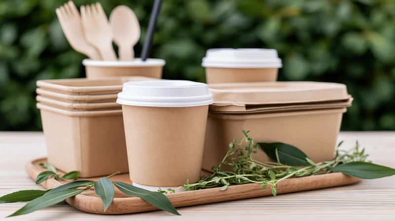 Eco-friendly disposable kraft paper cups and food containers arranged on a wooden tray with green leaves on a table outdoors