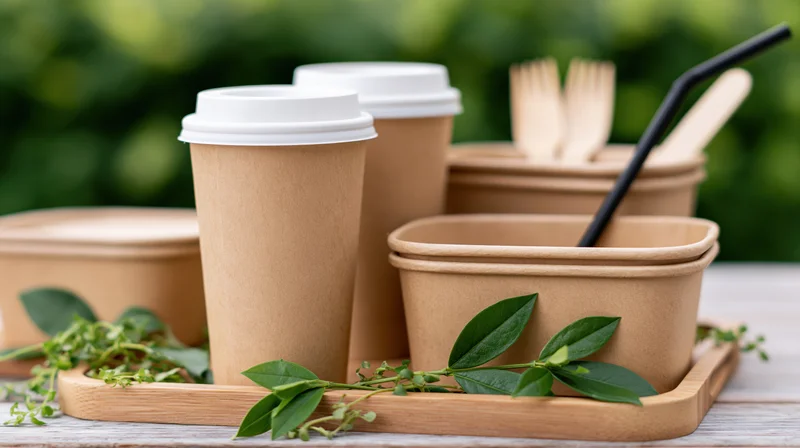 Eco-friendly disposable kraft paper cups and food containers on a wooden tray with green leaves outdoors