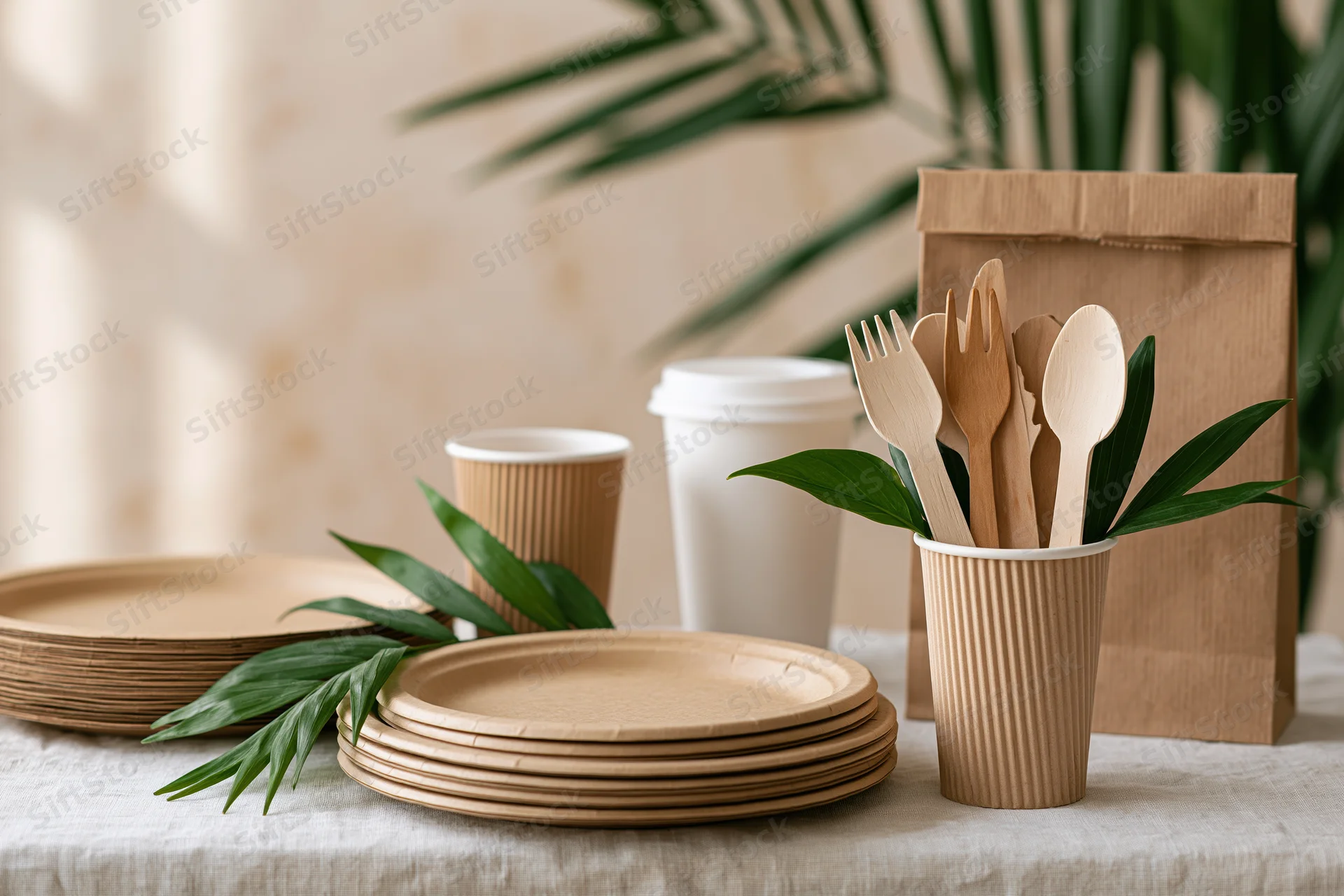 Eco-friendly disposable tableware arranged on a light linen surface with green leaves and paper packaging