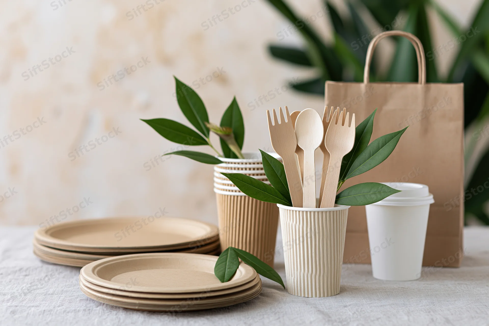 Eco-friendly disposable tableware with wooden cutlery and paper plates arranged on a light linen surface with green leaves and a paper bag in the background