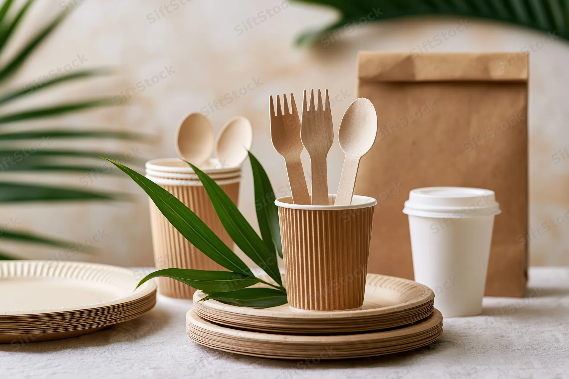 Eco-friendly disposable tableware arranged on a light linen surface with green leaves and paper packaging