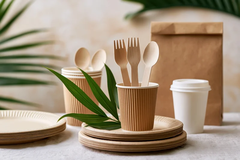 Eco-friendly disposable tableware arranged on a light linen surface with green leaves and paper packaging