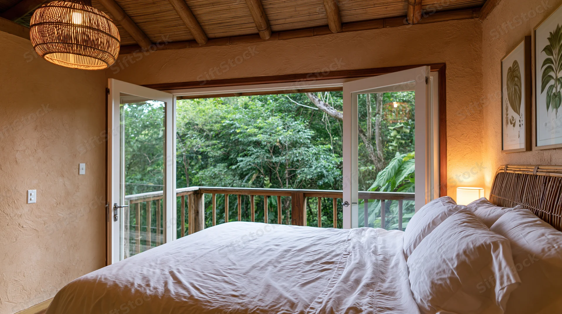 Bedroom with white-linen bed and open doors to jungle balcony