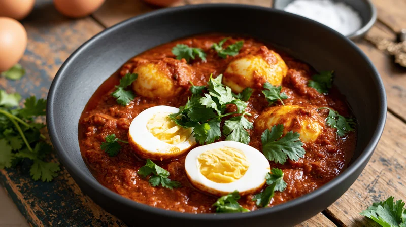 Egg curry with halved boiled eggs in a rich red-orange sauce garnished with cilantro in a black bowl on a rustic wooden table