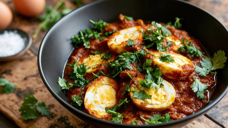 Halved boiled eggs in red-orange curry sauce garnished with cilantro in a black bowl on a wooden table